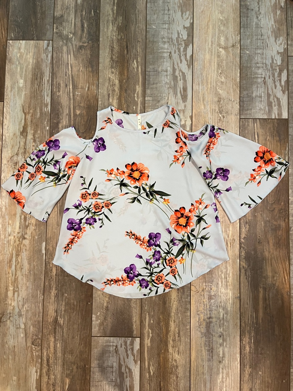mts White Cold-Shoulder Floral Blouse with Orange & Purple Flowers